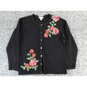 Appleseed Petites Black‎ Floral Embroidered Button Up Cardigan Sweater PM